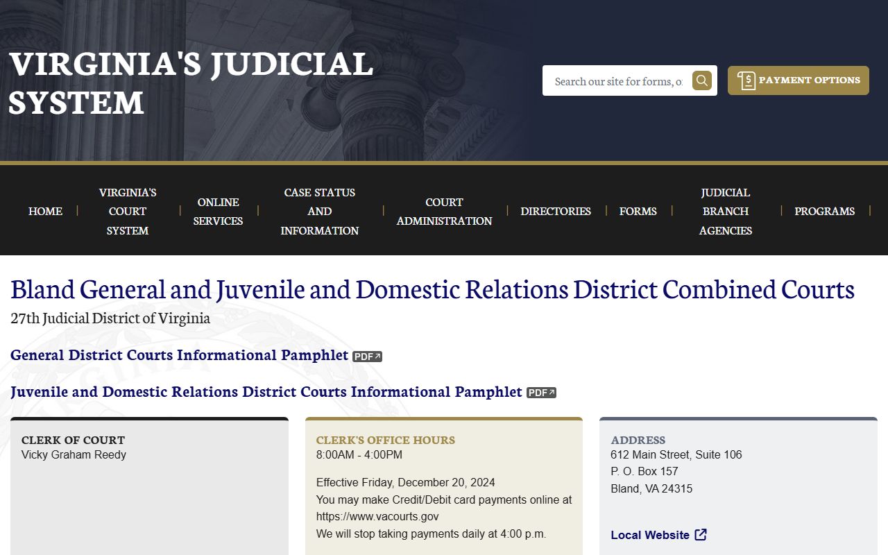 Bland County traffic court records on Virginia Courts website