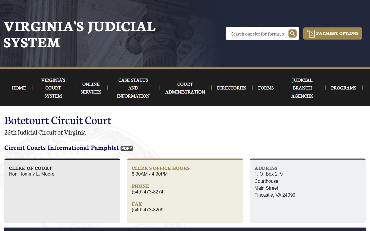 Botetourt County traffic court records on Virginia Courts Circuit Court page