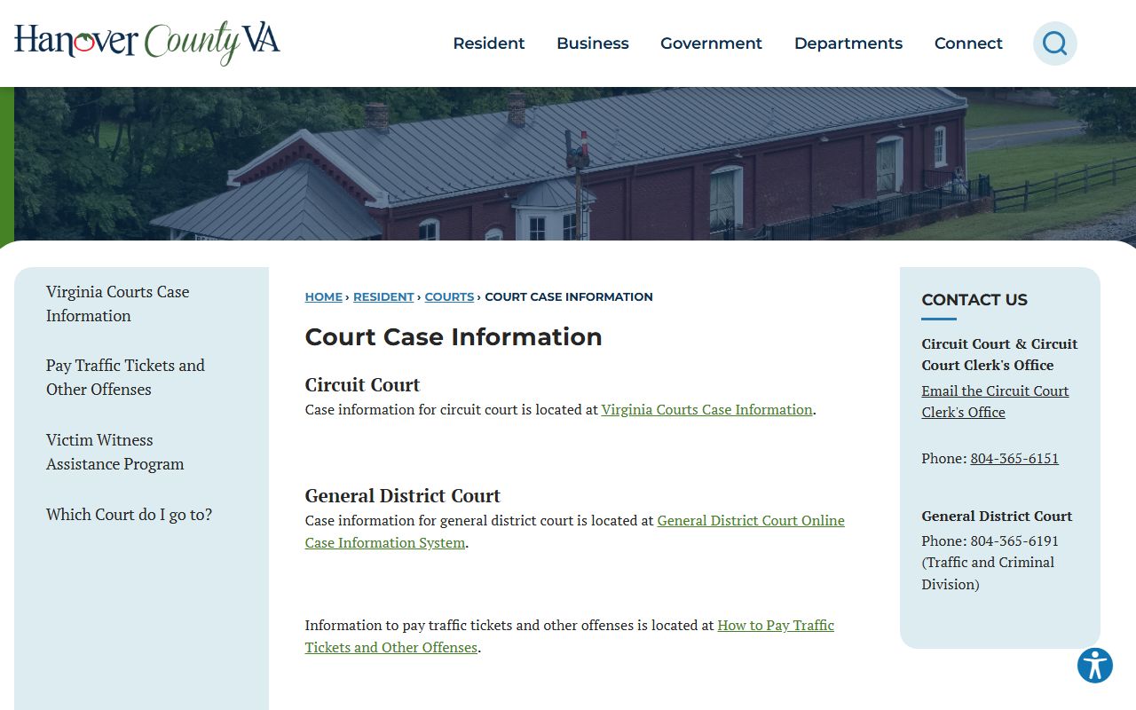 Hanover County traffic court records case information page