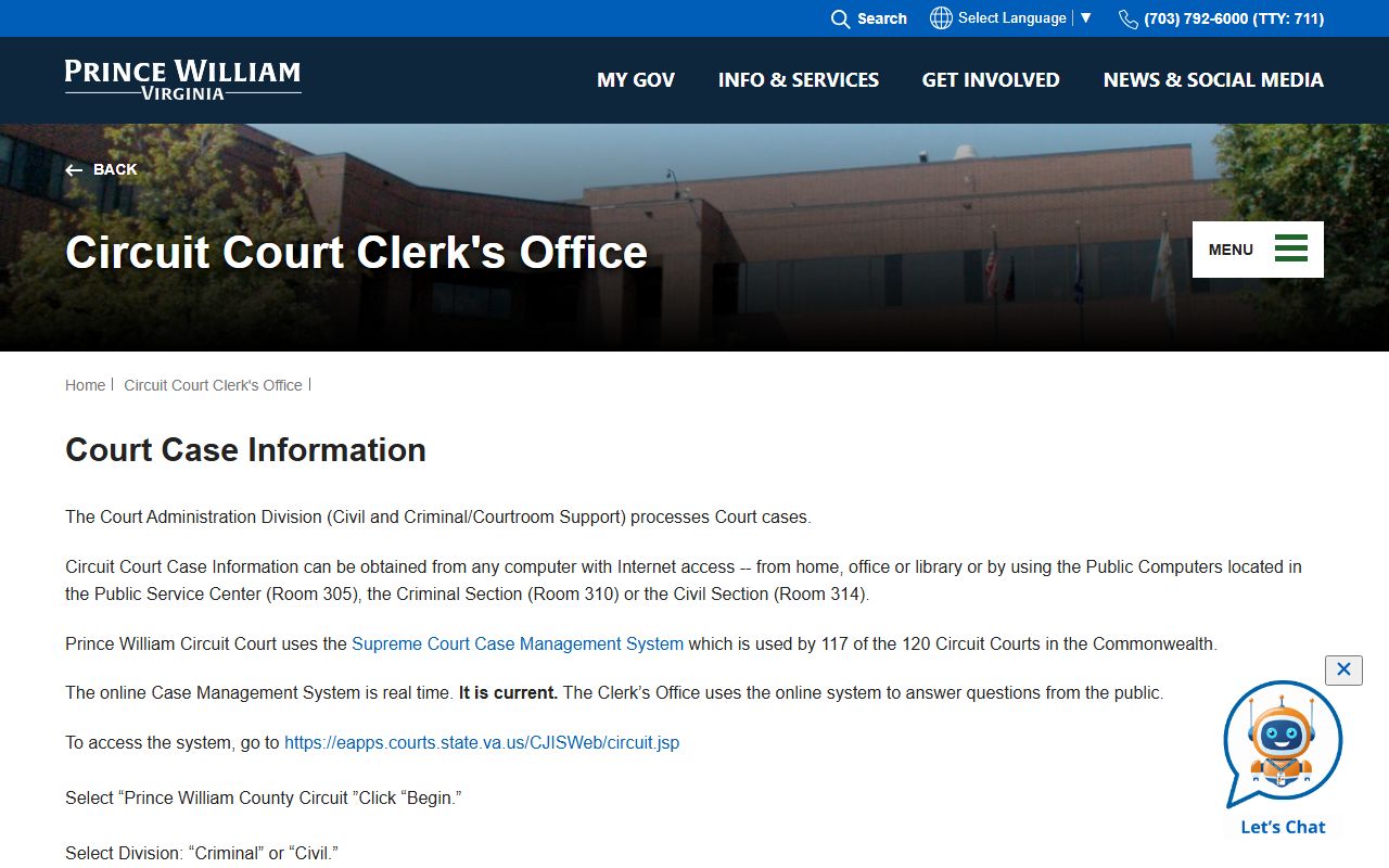 Prince William County court case information page
