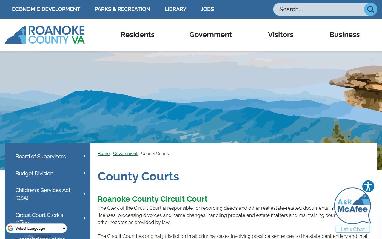 Roanoke County traffic court records - county courts page