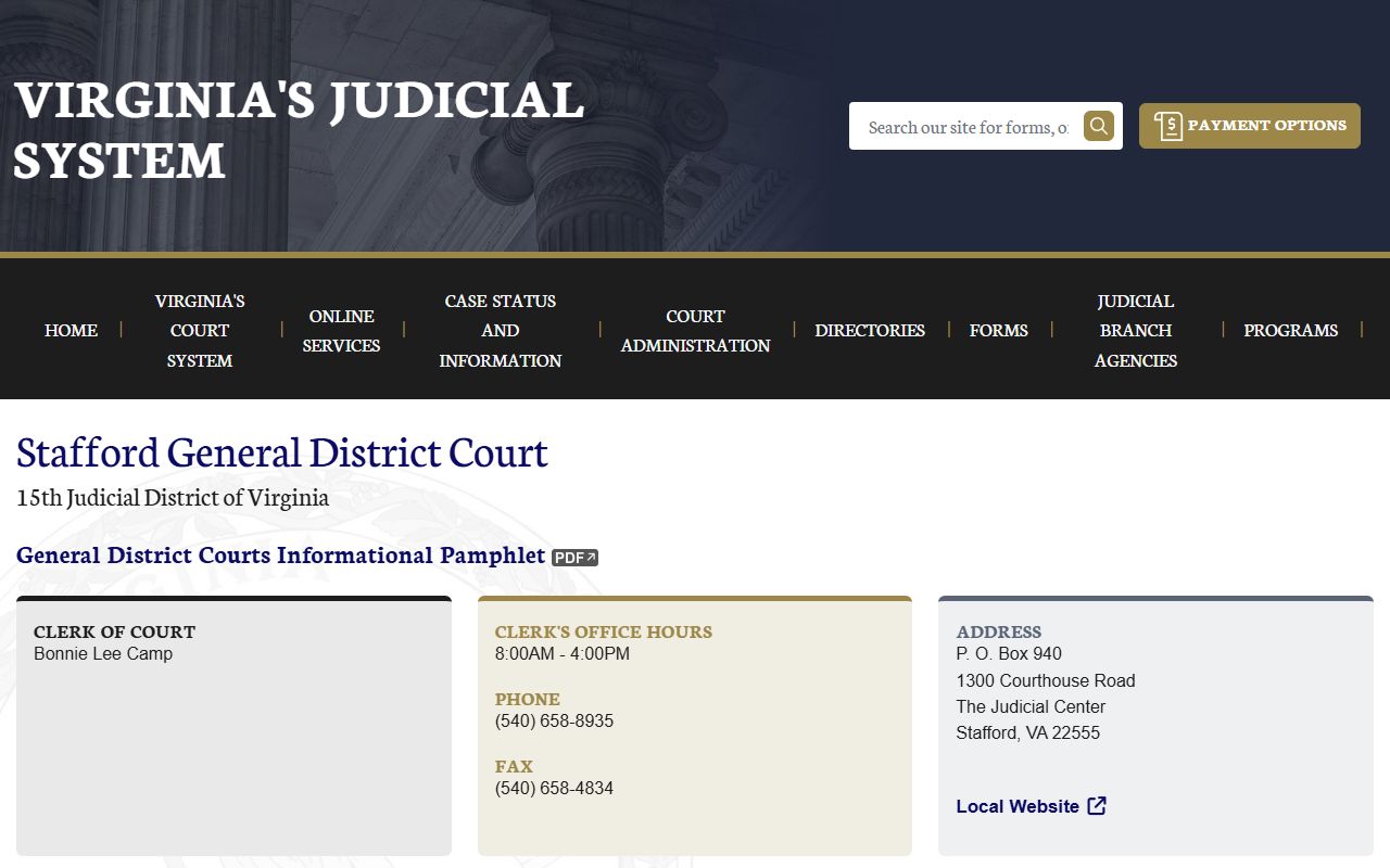 Stafford County General District Court page on Virginia Courts website