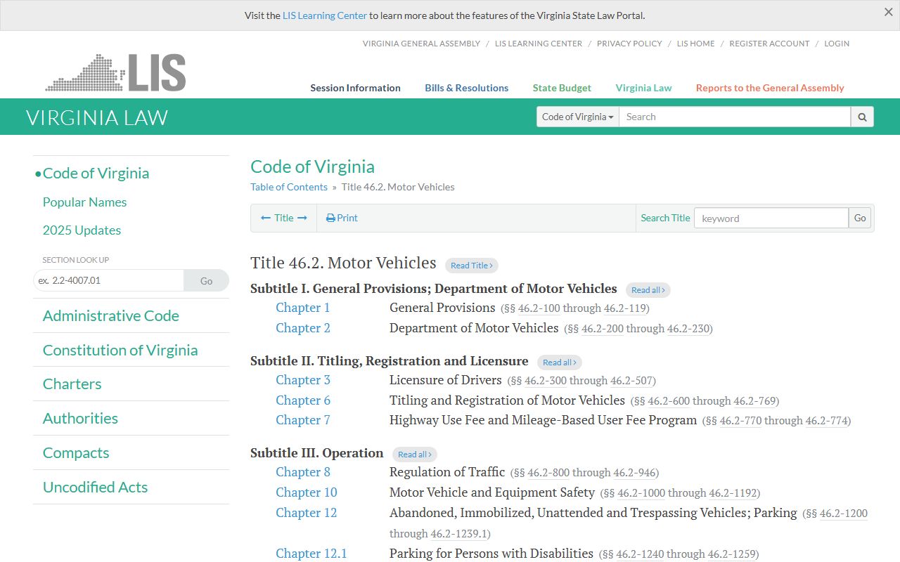 Virginia Code Title 46.2 Motor Vehicles full text