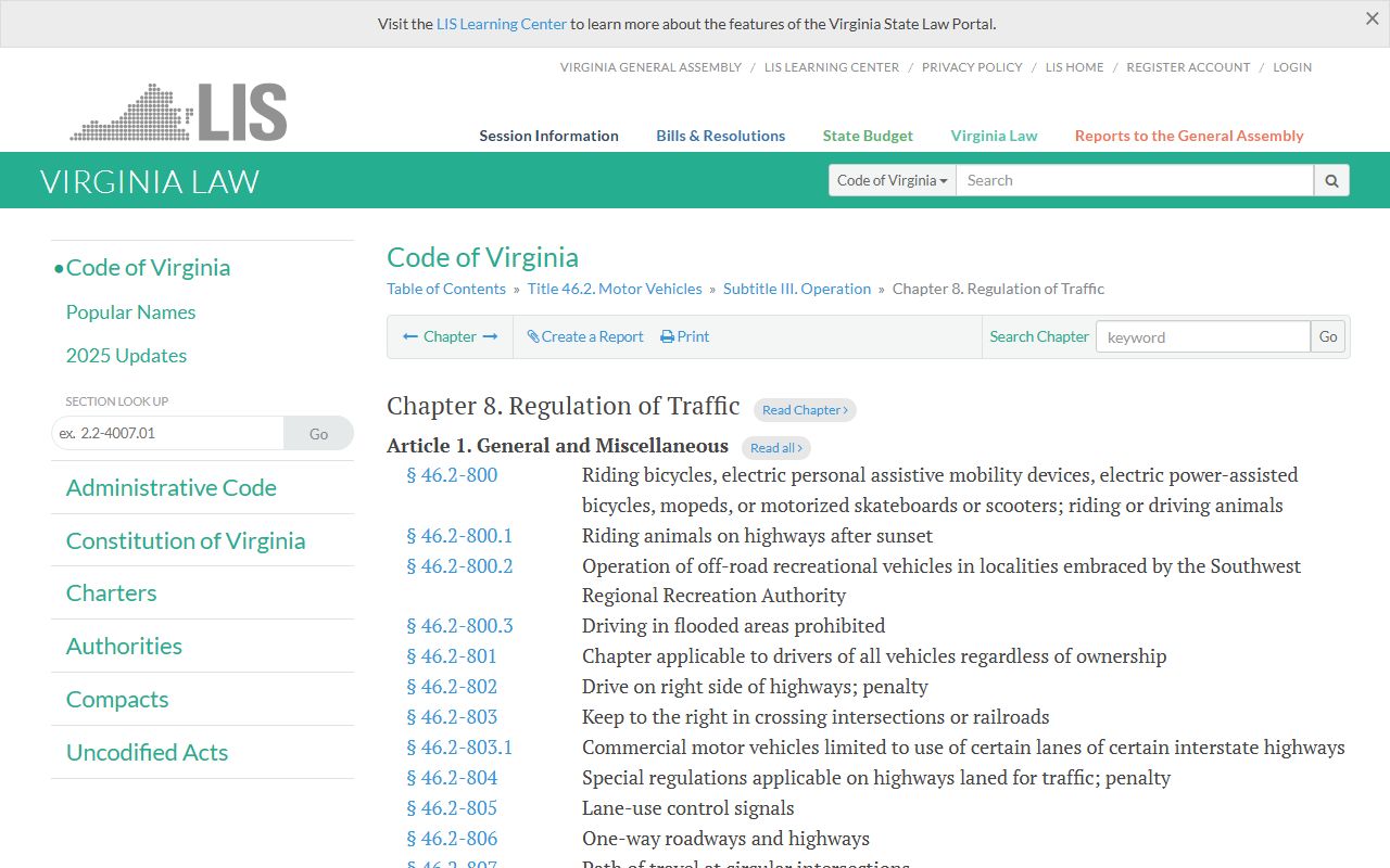 Virginia Code Title 46.2 Chapter 8 Regulation of Traffic statutes