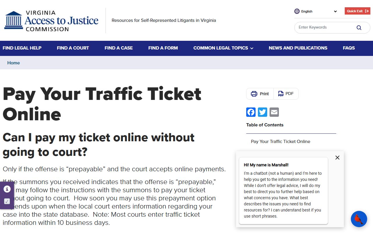 Virginia courts self-help page for paying traffic tickets online